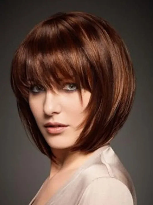 Carefree Amazing Cool Brown Short Straight Bob Capless Remy Human Hair Wig with Bangs 8 Inches