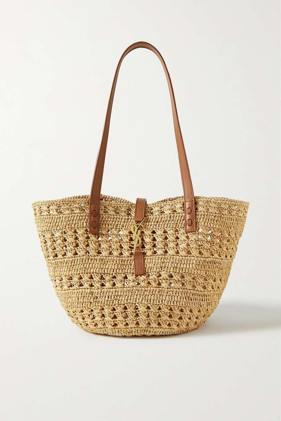 SAINT LAURENT Panier small leather-trimmed raffia tote