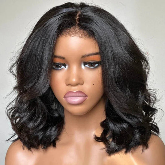 Natural Black Short Layered Wave Bob Wigs