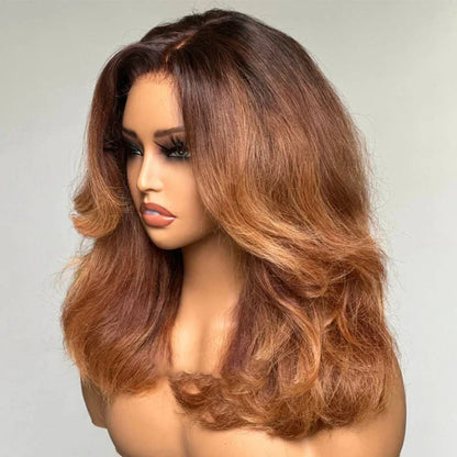 Ombre Brown Layered Cut Wigs Mid-part Lace Front Wig